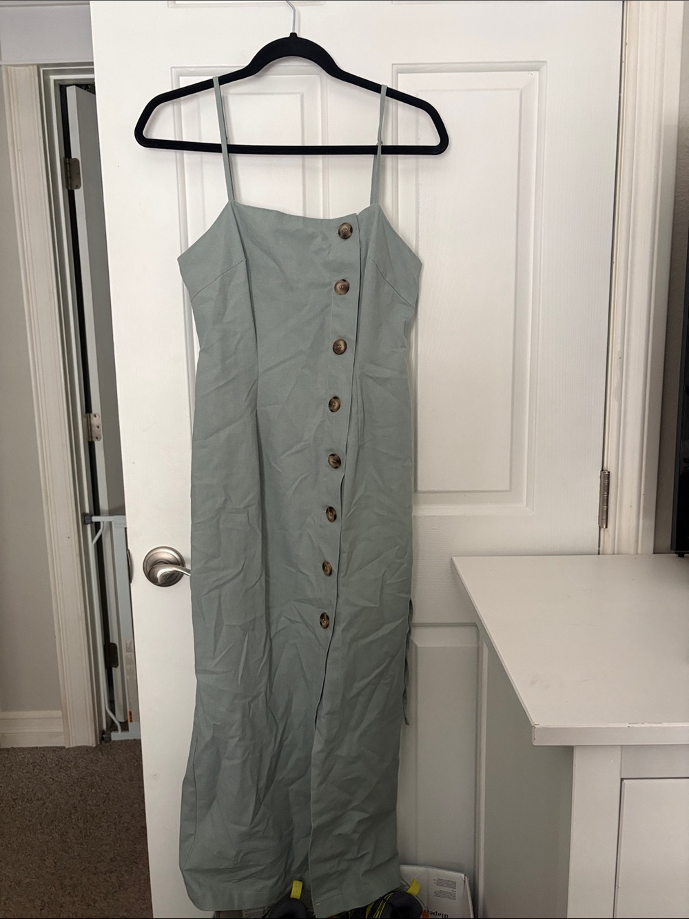 Sage Green Button-Front Midi Dress with Spaghetti Straps